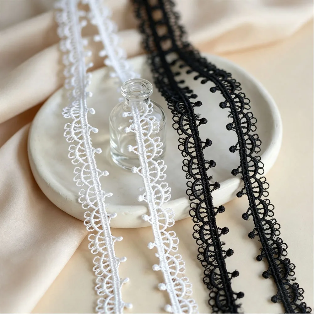 2 Yards White Black Dot Pompom Embroidery Lace Fabric For Bags Headwear Dress Accessories DIY Sewing Repair
