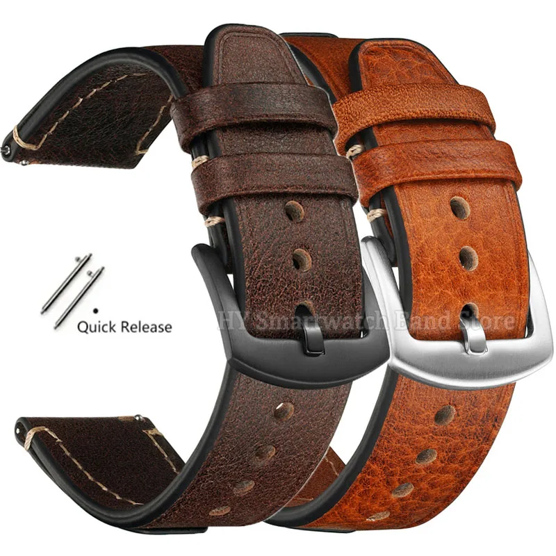 خمر أشرطة ساعات يد جلدية 18 مللي متر 20 مللي متر 22 مللي متر الإفراج السريع سوار مقاوم للماء الرياضة المعصم الفرقة خياطة جلد البقر الرجال شريط للرسغ