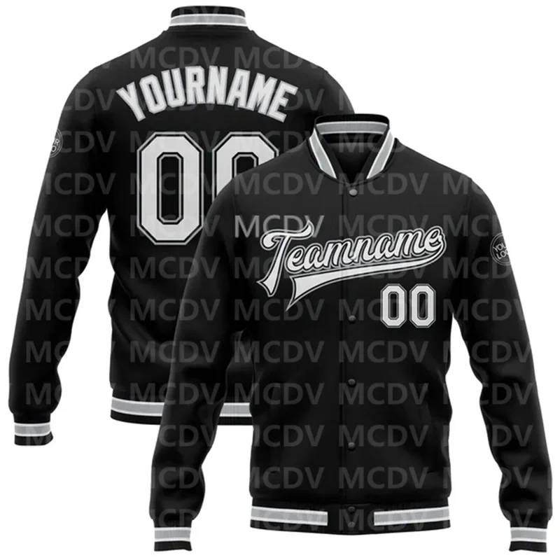 

Custom Black White-Gray Bomber Full-Snap Varsity Letterman Jacket Baseball Button Jacket