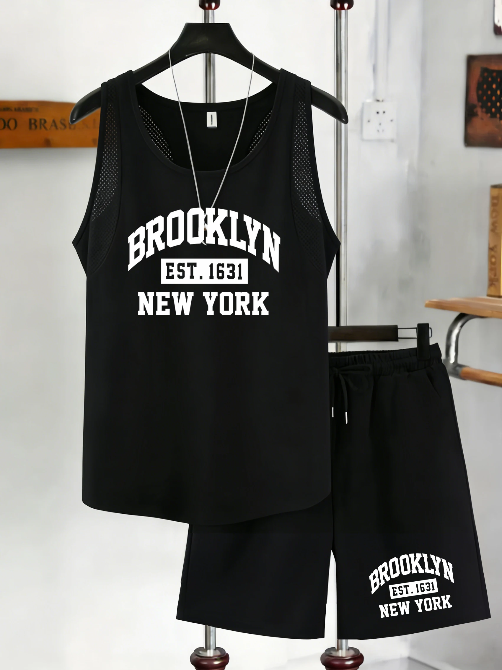 

Brooklyn Est 1631 New York Print Men Reticular Vest Set Soft Sleeveless Tee Fashion Drawstring Shorts Unisex Summer Sportsuit