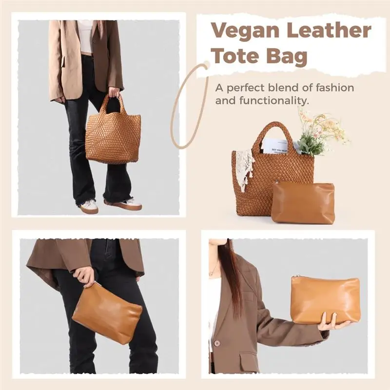 Fashion Woven Bag For Women Vegan Leather Woven Bag With Purse Handmade Beach Tote Bag Vegan Leather Tote Bag With Top Handle