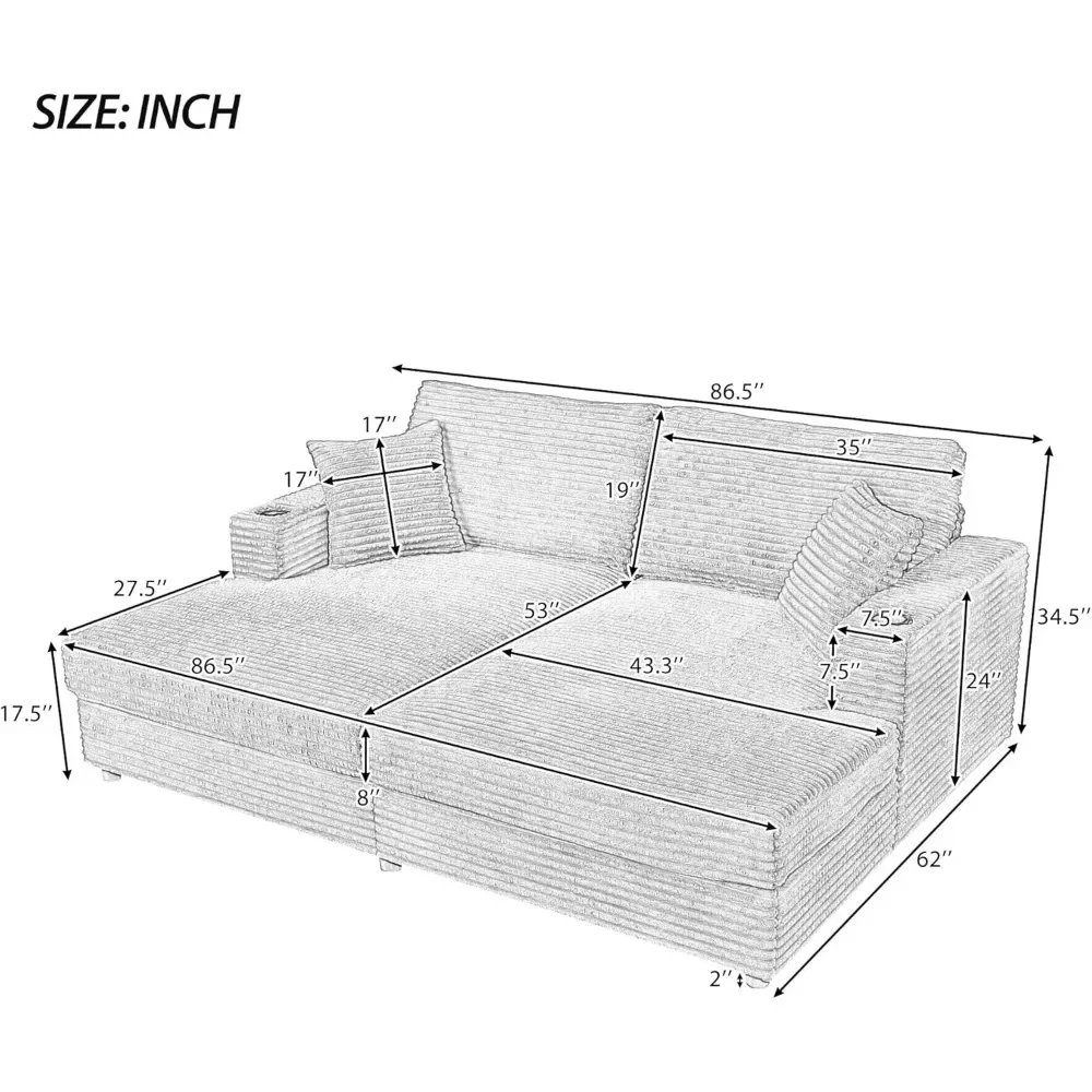 Loveseat chaise longue, corduroy slaapbank met twee USB-poorten, twee bekerhouders en twee kussens, geschikt voor woonkamer