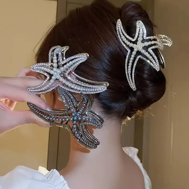 Bohemian starfish hair claw clip - sparkling rhinestones and imitation pearls - perfect for women's fashionable hairstyles