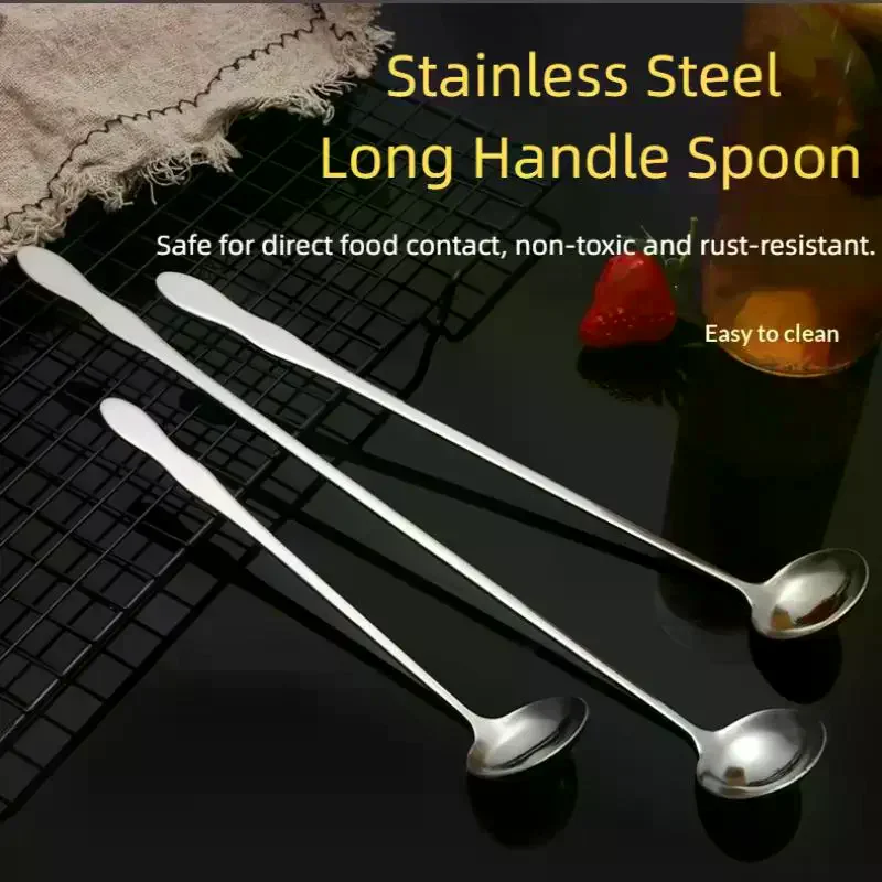 Long Handle Stir Spoon For Cocktails, Ice Coffee, And Tea - Mixing Spoon With Easy Grip Handle Stainless Steel