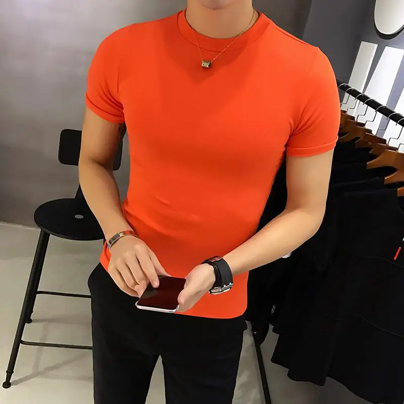 Men\'s Summer Casual Versatile Solid Color T-Shirt Korean Luxury Round Neck Short Sleeve Slim Fit Tight Cotton Tee Shirt 4XL-M