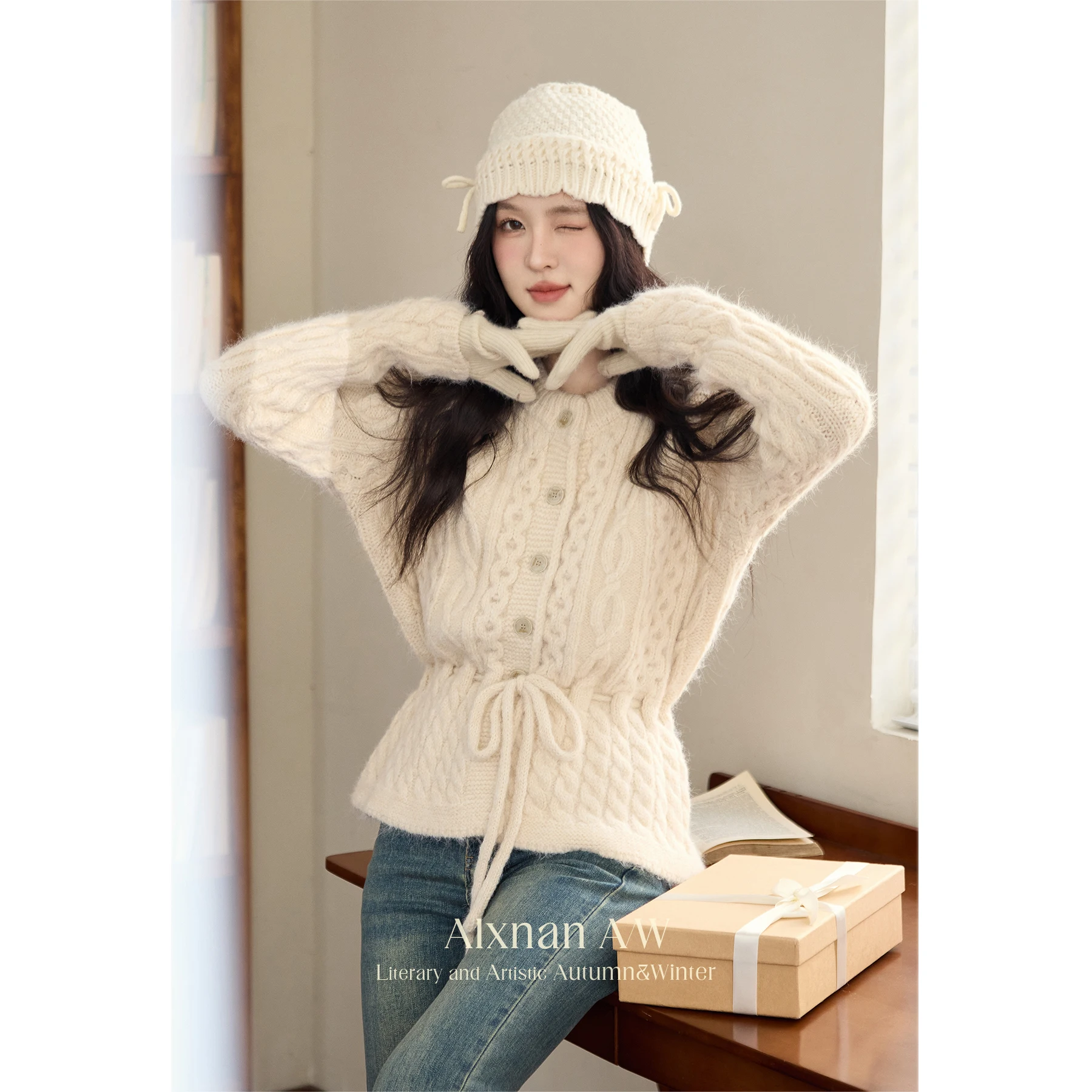 ALXNAN-cárdigan de lana de albaricoque para mujer, suéter holgado con cuello redondo, suéter de otoño e invierno, nuevo cárdigan de punto de manga larga para mujer L51903