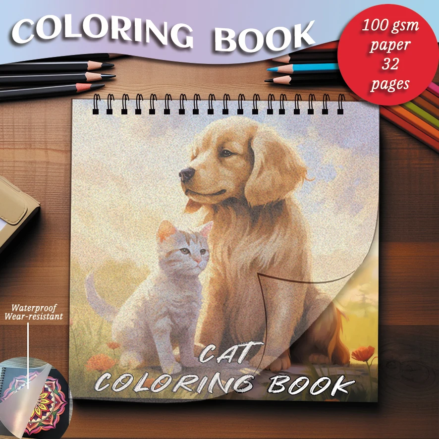 Cute Cats and Dogs Coloring Book - 8.27 x 8.27 inches 32 pages coloring book - Ideal gift for family or friends