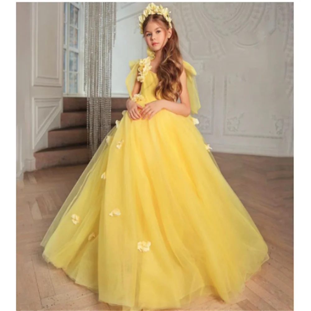 

Yellow Scoop Neck Sleeveless Flower Girl Dress Soft Tulle Puffy Bow First Communion For Wedding Party Birthday Long Gown