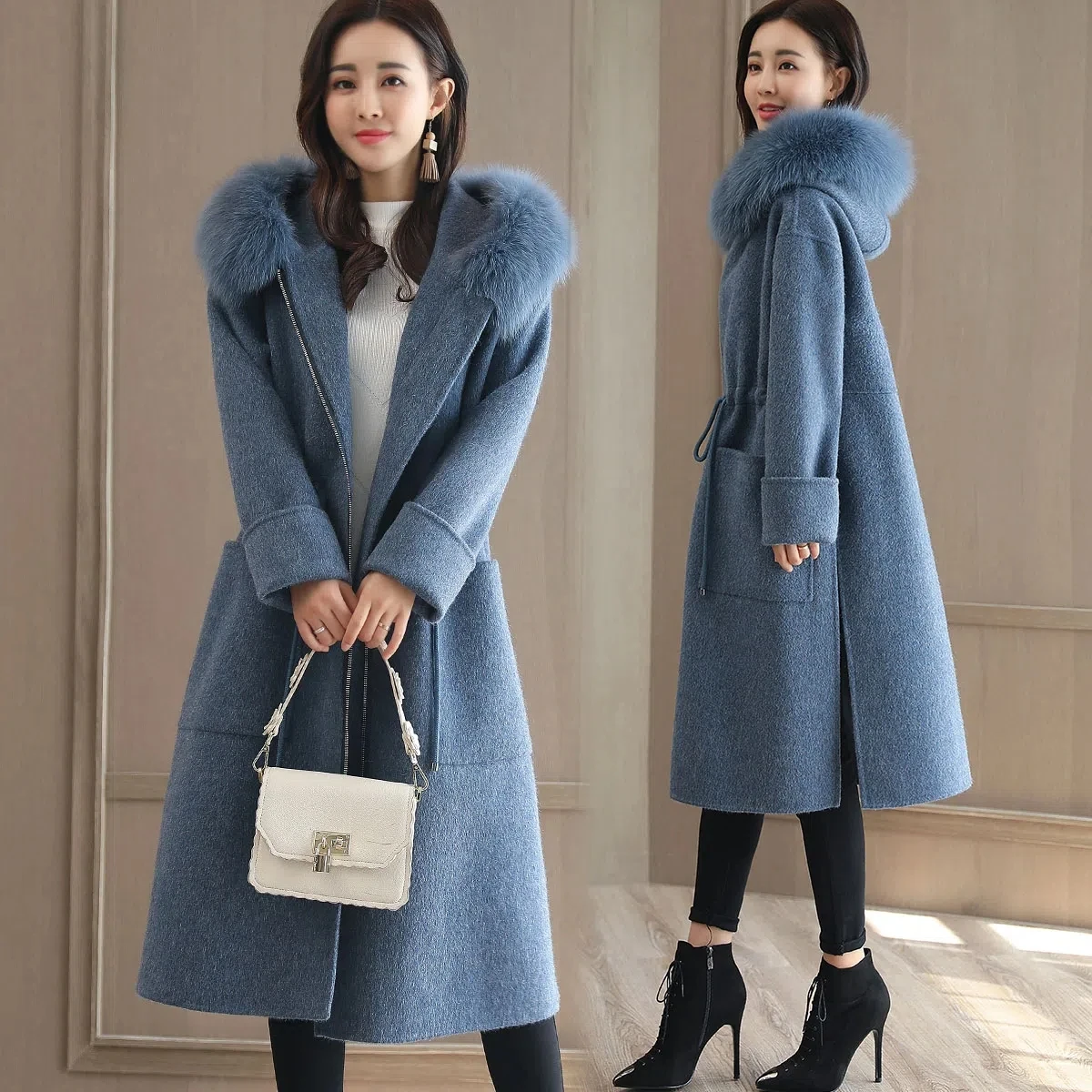 

Woolen Coat Women 2022 Winter Jacket New Hooded Fur Collar Waist Long Wool Coat Female Casual Fashion All-match Slim Outerwear