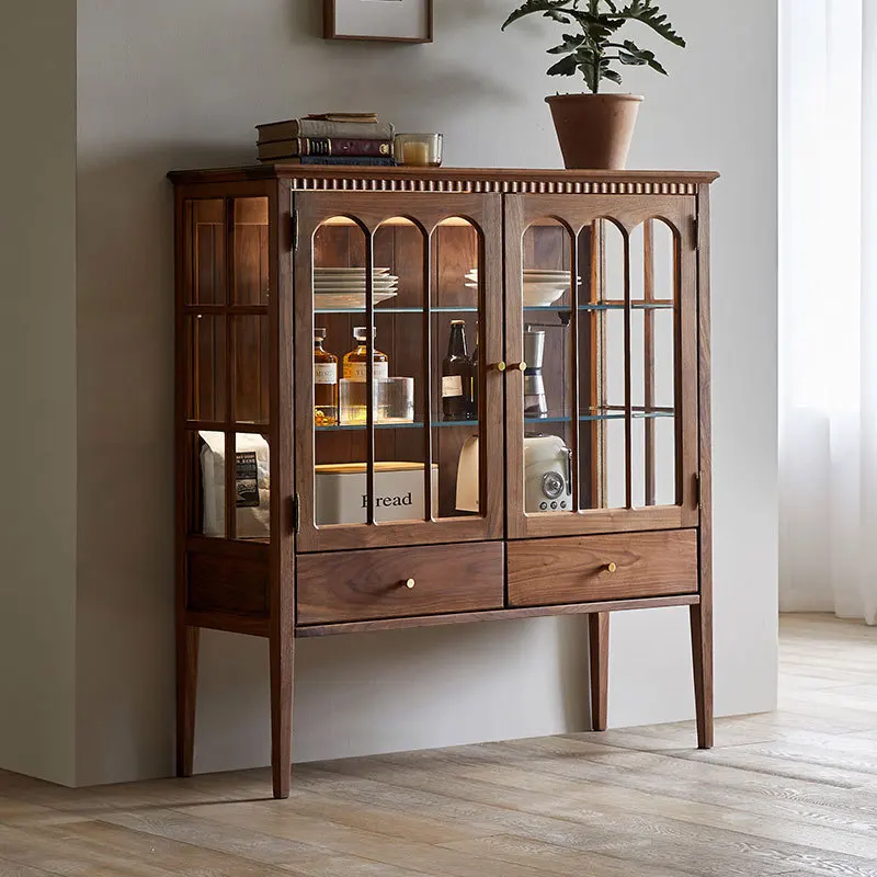 

Customizable glass retro display cabinet restaurant with led side cabinet simple black walnut storage cabinet