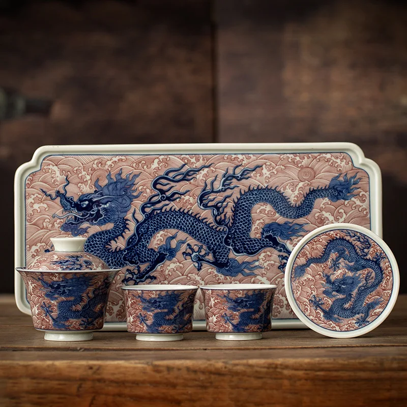 Crackled Horseshoe‑Shape Gaiwan,Underglaze Red Sea‑Dragon Old Clay Teacup Set Home Chinese Tea Brewing Teaware