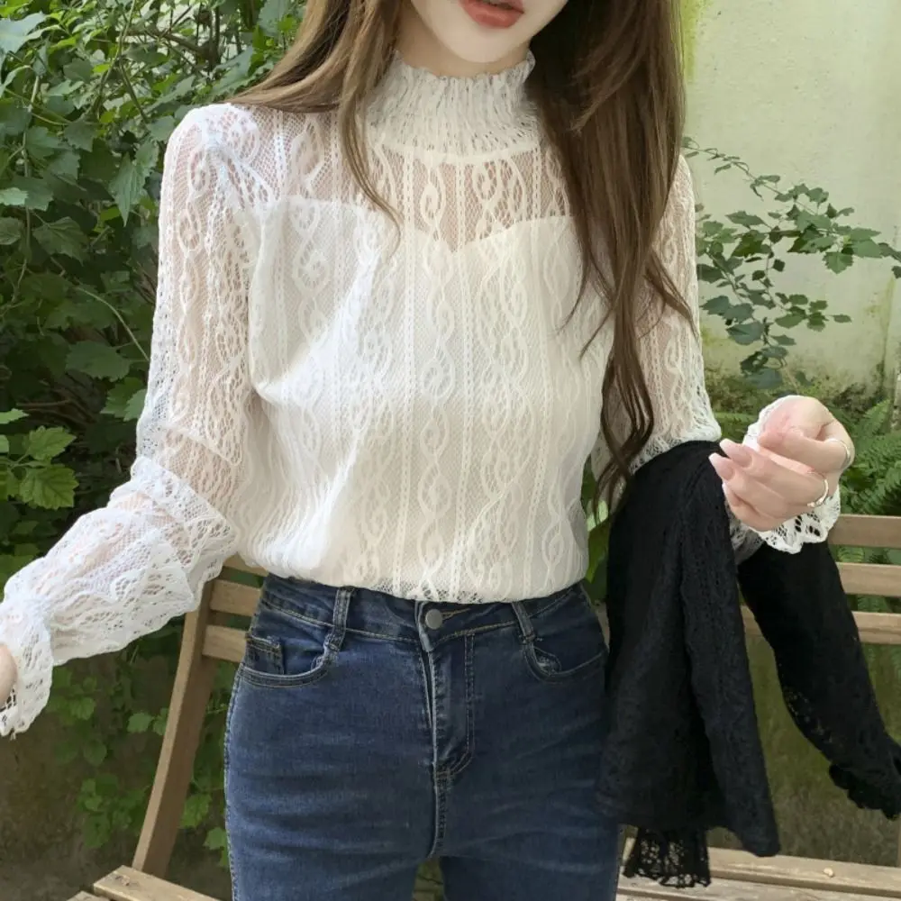 Pullover Lace Flower Top Women Half High Collar Blouse Transparent Long Sleeved Top See Through Beach Shirts