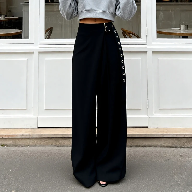 サイドバックル装飾付きレディースカジュアルパンツ エレガントで多用途なワイドレッグパンツ 春と秋の日常着