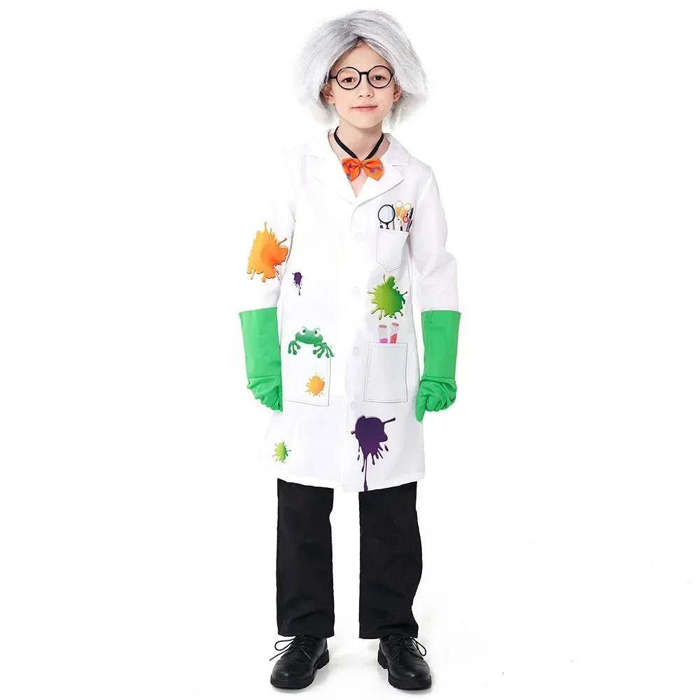 Kids Raving Mad Scientist Cosplay  for Boys Girls Lab Coat Outfit Halloween Carnival Party Costume