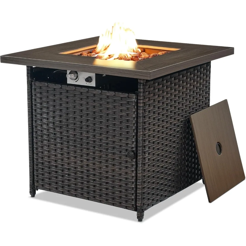 30 Inch Fire Pit Table with Lid and Lava Rock, Wicker Furniture, Outdoor 50000 BTU Square Propane Fire Pit