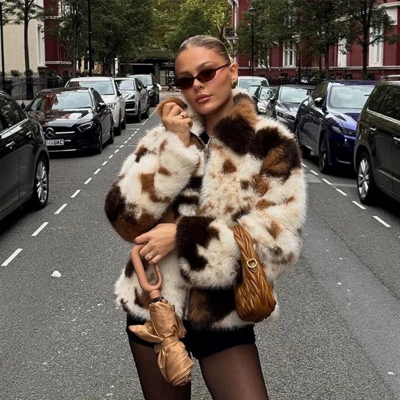 Faux Fur Jacket Women Contrast Lapels Short Styles Zipper Long Sleeves Street Warm Jackets 2026 Spring Lady Fashion Outwear New