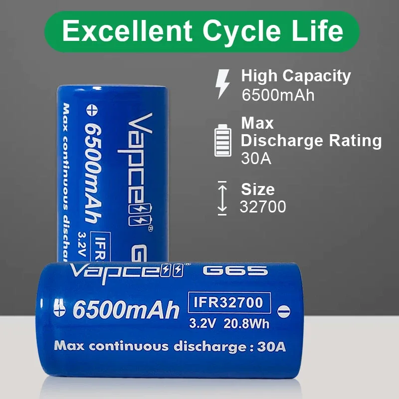 2pcs/lot Original Vapcell G65 IFR32700 6500mah Battery 3.2V Rechargable lithium iron phosphate battery Long Cycle life