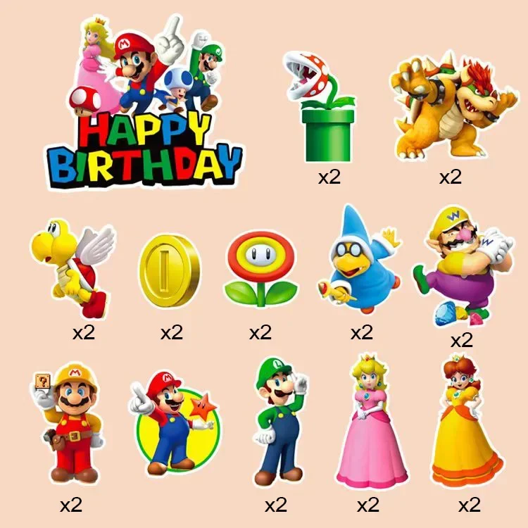 Super Mario Theme Cake Decoration Card Toy Anime Luigi Yoshi Peach Princess Print Party Decoration Supplies Flag Set 1+23 Pieces