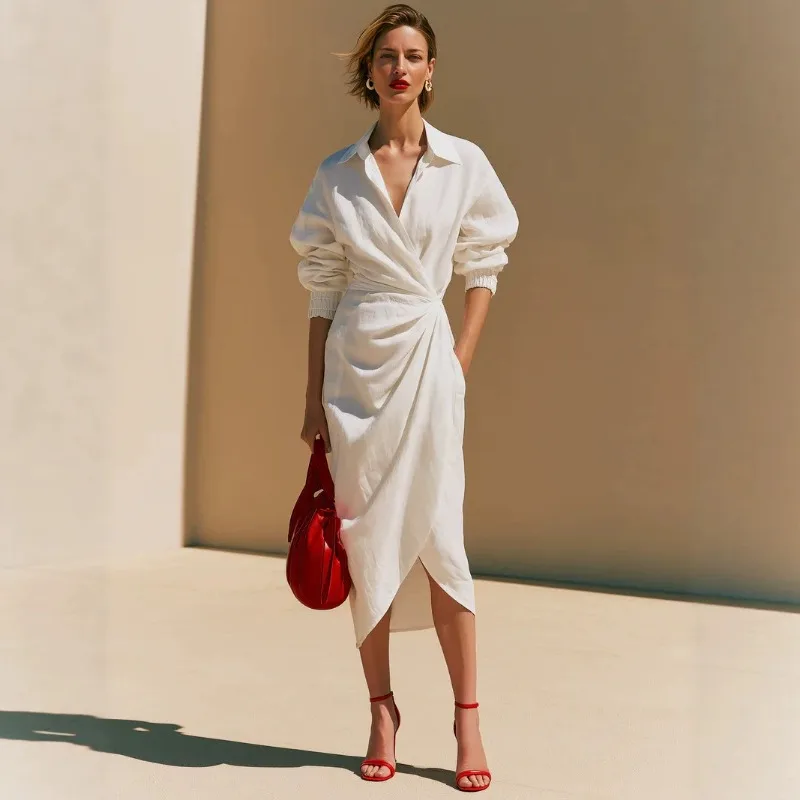 Women Lapel V Neck Wrap Front Ruched Irregular Hem Long Sleeve Midi Shirt Dress Elegant Solid Dress