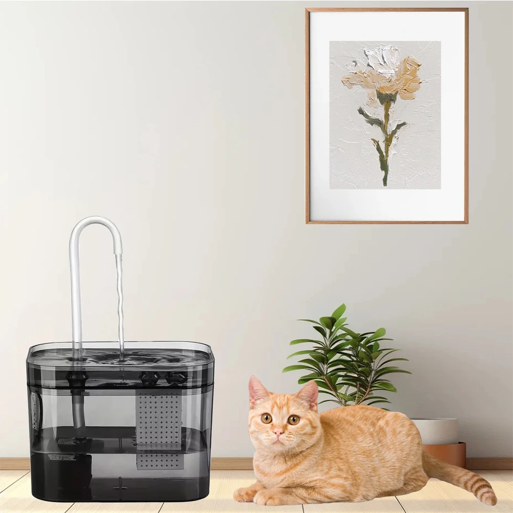 Dispensador de água para gatos, aparência transparente preta, design silencioso, grande capacidade com sistema de filtragem, água potável para saúde de animais de estimação