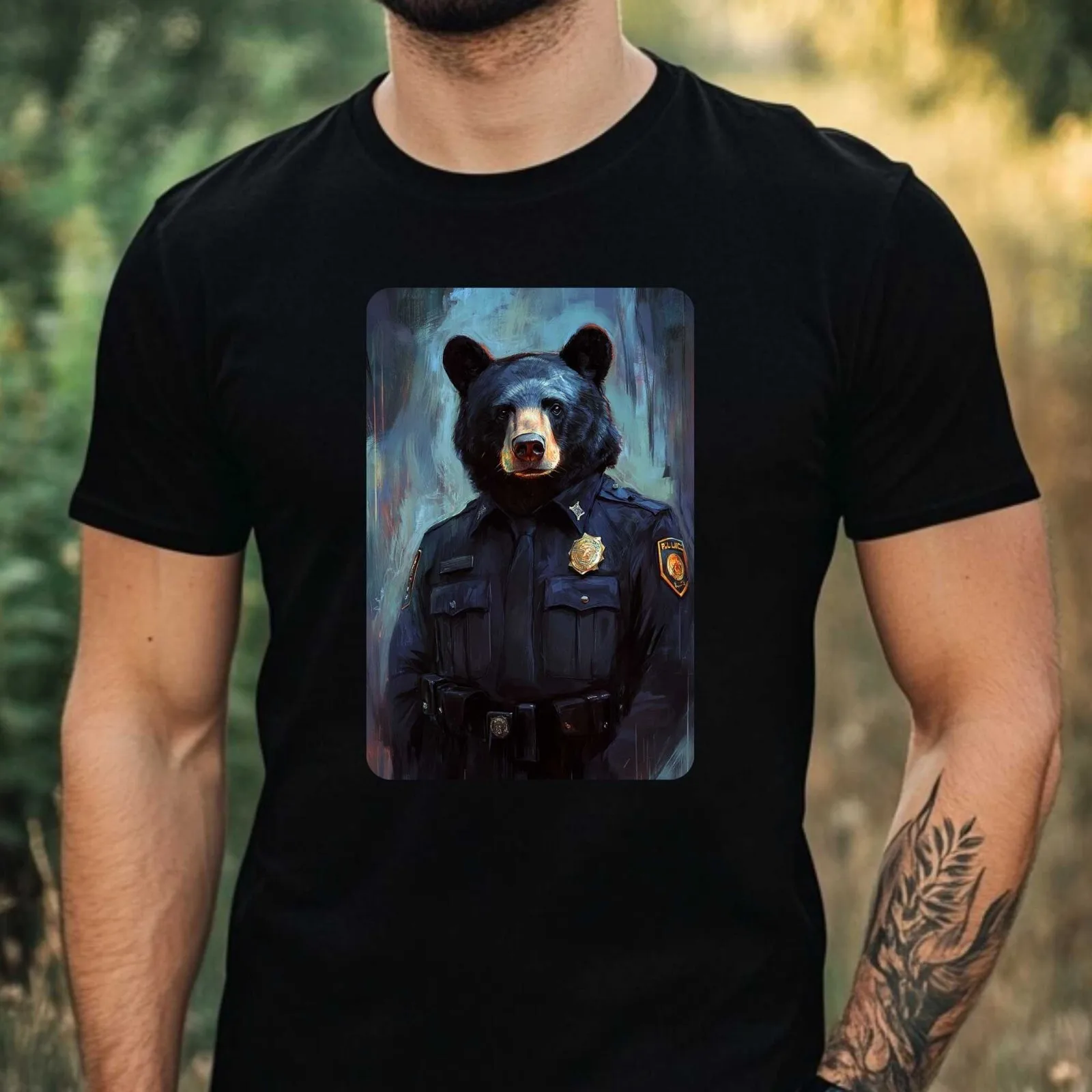 Mens Black Bear Policeman Print Cotton T-Shirt Size XS to 5XL