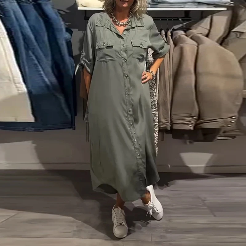 Elegant หลวม A-Line Retro Jean ชุดสํานักงาน Lapel ครึ่งแขน DENIM ชุดผู้หญิงแฟชั่นเดี่ยว Boho ชุดยาว