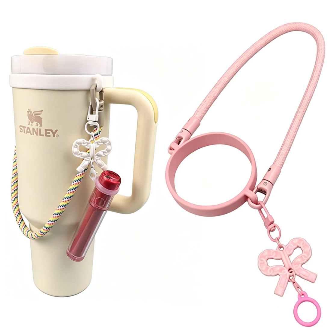 New 2 styles Water Bottle Accessories Set Handle with Strap for Owala with Bow Charms silicone ring,Fits Most 12-40oz Water Cups