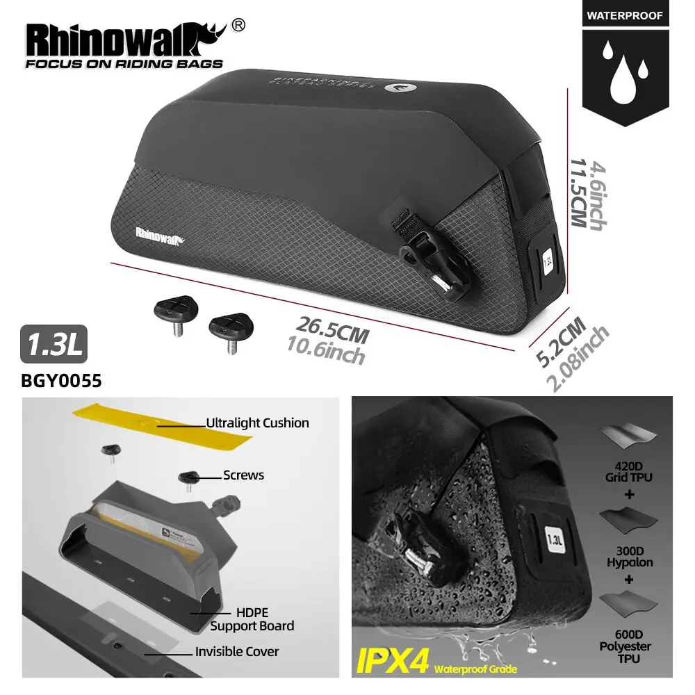 

Rhinowalk Bike Top Tube Bag 100%Rainproof Dry Magnetic Snap Fastener Cycling Front Frame Bag With Strap Or Screw Install