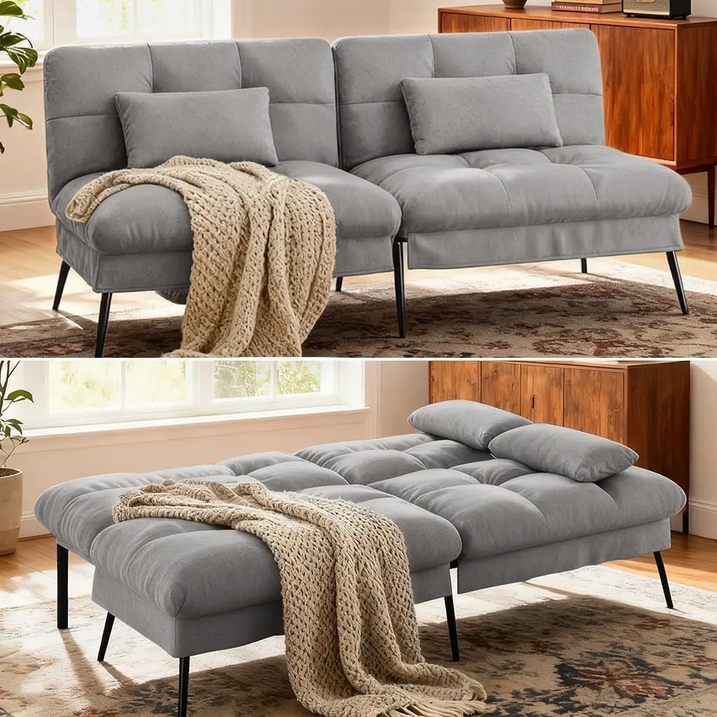 72″ Convertible Futon Sofa Bed, Adjustable Backrest, Grey