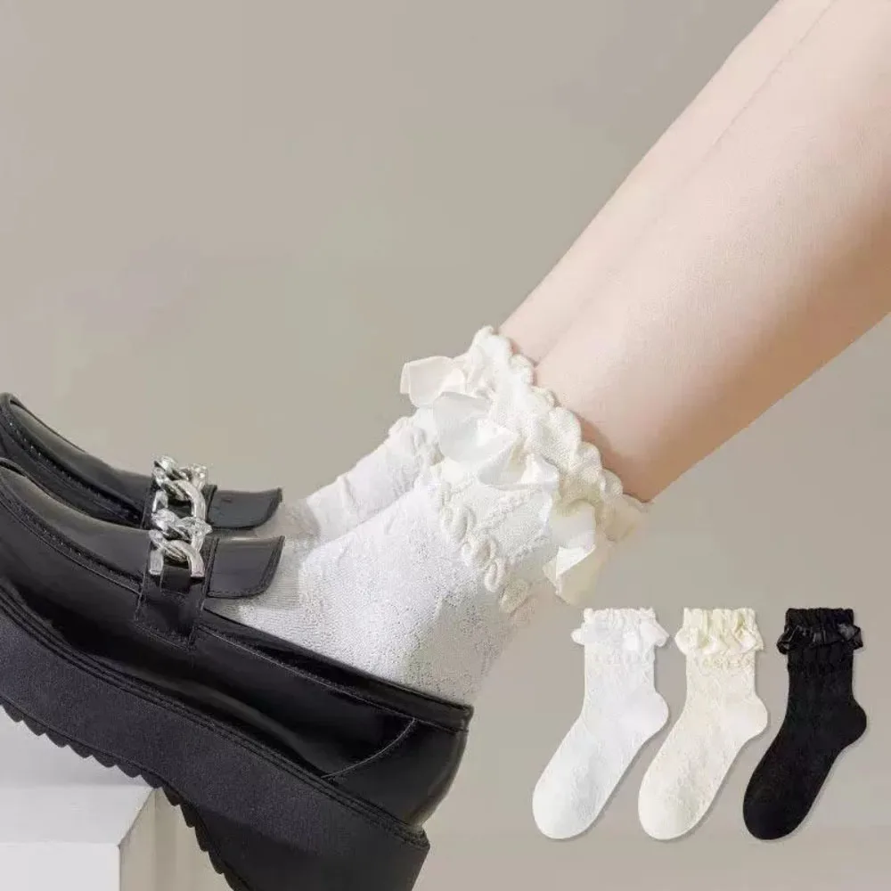 

3 пары женских милых черно-белых носков в стиле Лолиты, весенне-летний комплект женских кружевных носков Kawaii для девочек
