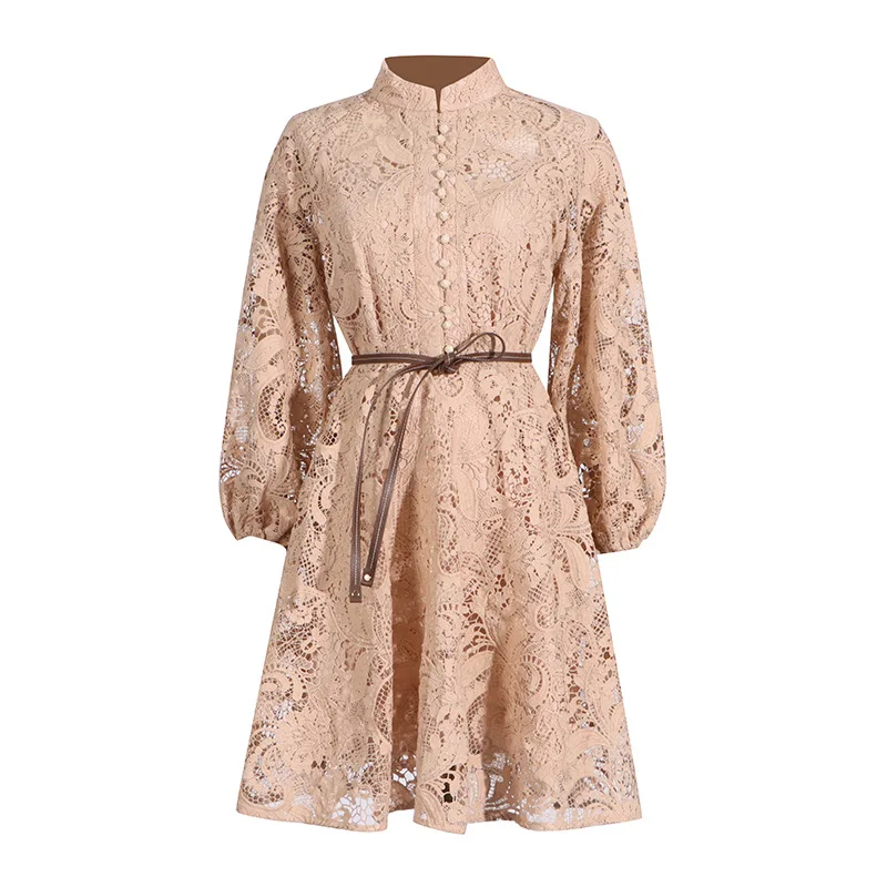 

Doris Fanny Solid Hollow Out Embroidery Design Dresses For Women Lapel High Waist Lantern Sleeved Elegant Dress Autumn Summer