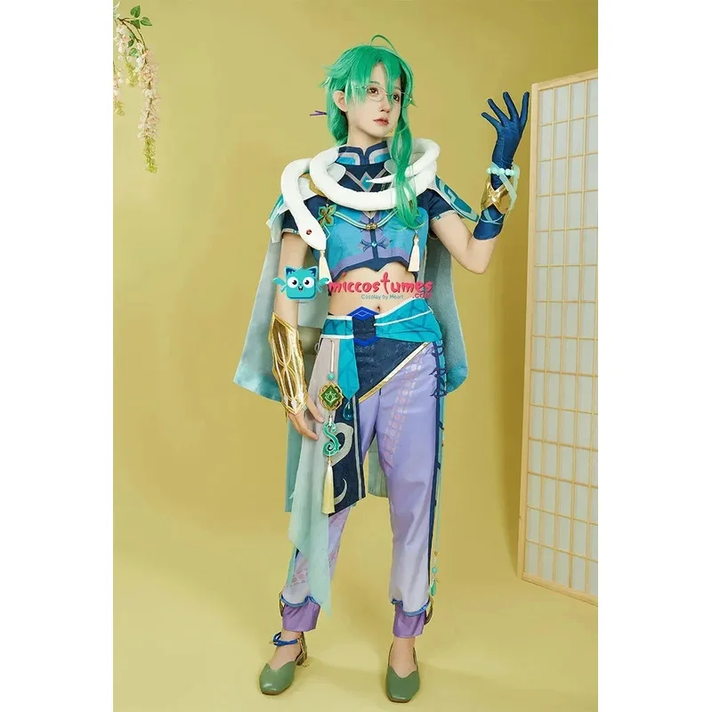 Miccostumes Unisex Baizhu Cosplay Costume Top Pants Set with Cloak and Accessoriesv;2,r'6;t.