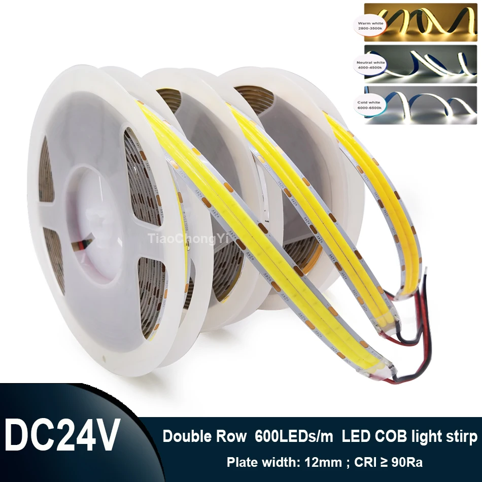 

Double Row COB LED light Strip Super Bright 600LEDs/m Flexible Dimmable Led Tape RA90 Led Lighting 3000K 4000K 6500K DC24V