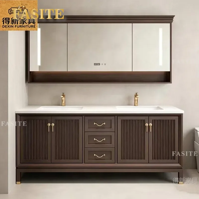 For French Cream Style Bathroom Vanity Cabinet with Hot Bending Integrated Rock Slab Basin Oak Paint Finish Modern Washbasin