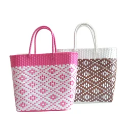 Women's Large Capacity Plastic Color Contrast Tote Bag Hand Woven Knitting Handbag Summer SeasideTravel Holiday Beach Bag Female