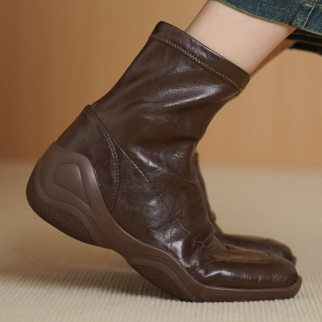 

Women's genuine lather great PU leather patchwork slip-on autumn ankle boots round toe high quality soft comfortable short boots