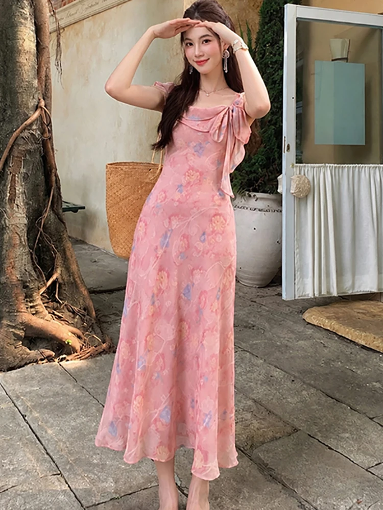 

2026 Pink Floral Chiffon Chic Bow Ruffled Sling Dress Women Elegant Casual Holiday Dress Summer Korean Fashion Bodycon Vestidos