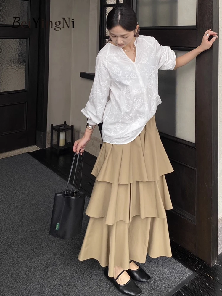 Beiyingni 2025 Nowa Koreańska Spódnica Damska w Jednolitym Kolorze Francuski Vintage Elegancka Długa Spódnica Tortowa Damska Codzienna Szykowna Spódnica w Kształcie Litery A Faldas