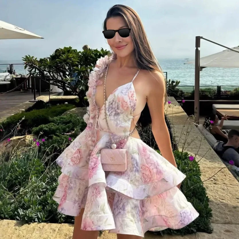 Rückenfreies Partykleid für Damen, elegant, 3D-Blumendruck, Schlinge, Schnürung, Rüschen, A-Linie, Sommerurlaub, Bademode, Mini-Abendkleider