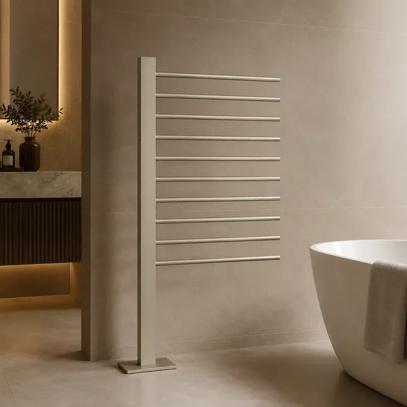 Electric Towel Warmer Rack Brushed Nickel Stainless Steel Heated Bathroom Floor Standing Dryer Rail Independent Heating Unit