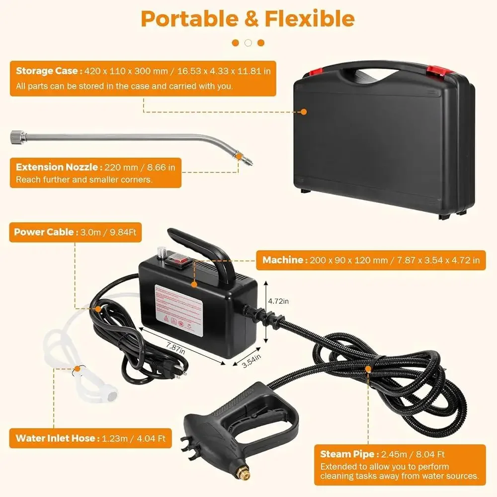 High Pressure Handheld Steam Cleaner Portable Electric Steamer Home Car Cleaning Machine with Extension Tube and Brushes