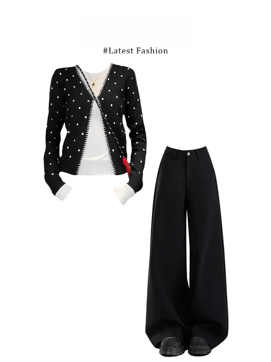 

Sweet Polka Dot Open Cardigan T-Shirt High Waist Slim Wide Leg Pants Winter 2025 Fashion Set Women's Warm Long Sleeve Zipper