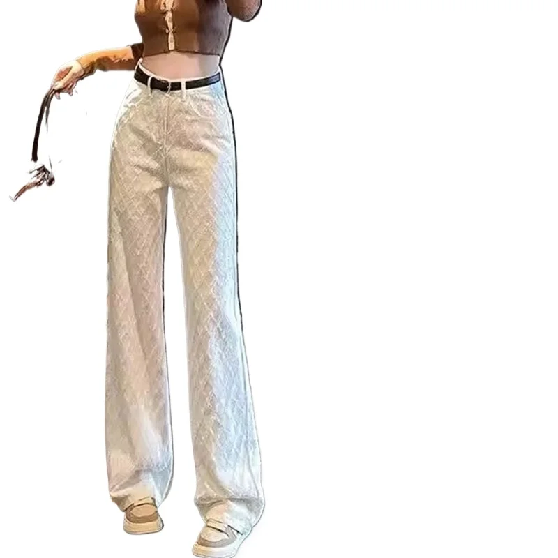 White Wide Leg Jeans Women's Spring Casual Trousers New Embroidery High Waist Loose Slimming Floor-Length Straight Pants Denim