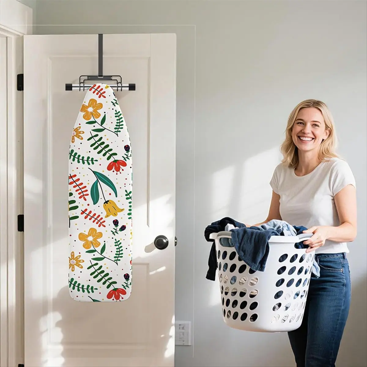 شماعة لوح الكي فوق الباب والتركيب على الحائط مع خطاف قابل للإزالة، حامل لوح الكي منظم رف الحائط #6