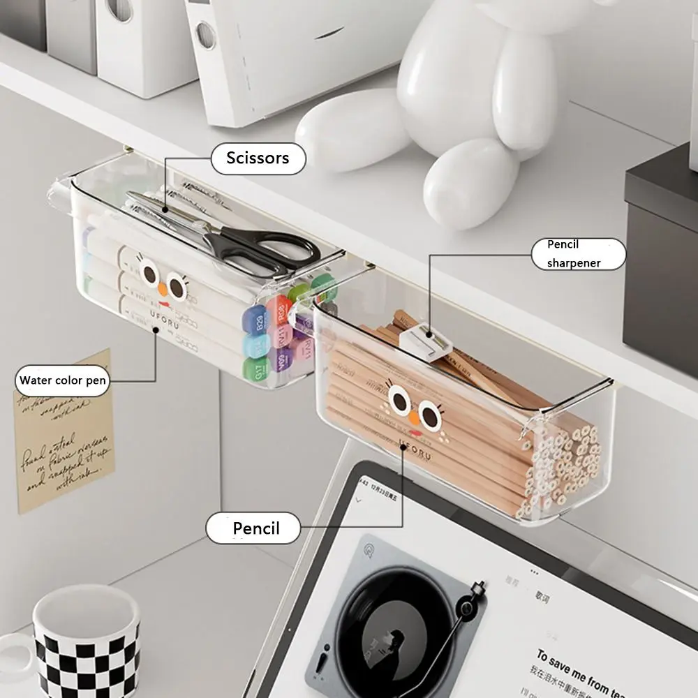 Hanging Under Desk Drawer Type Storage Box Invisible Transparent Stationery Storage Box Self-Adhesive Space Saving