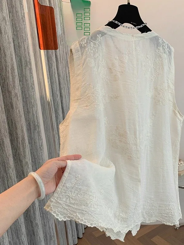 Retro cotone ricamato Casual V-Ne dimagrante irt Estate 2025 New Sle Double ket Svel Top Faion da donna