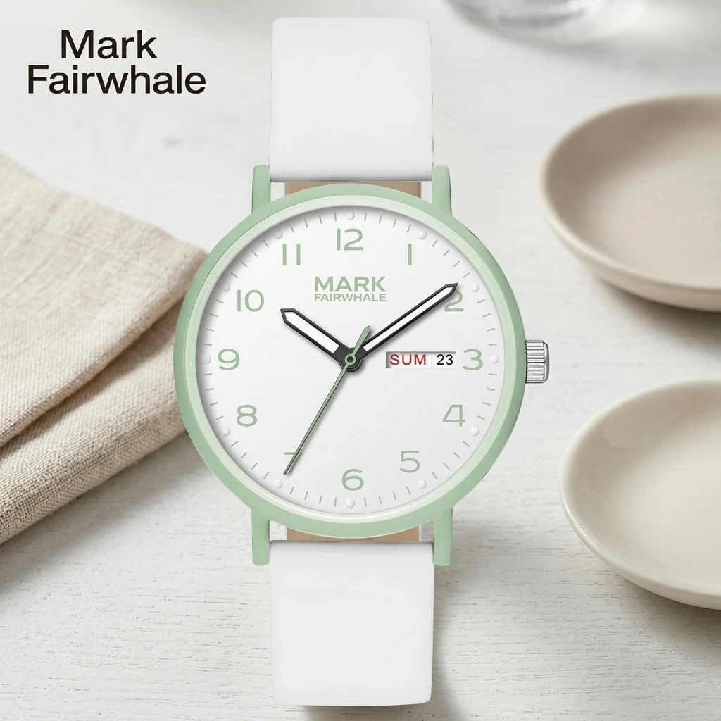 Mark Fairwhale Casual Ladies Quartz Watch Round Case Day & Date Function Soft Leather Strap Female Wrist Watch