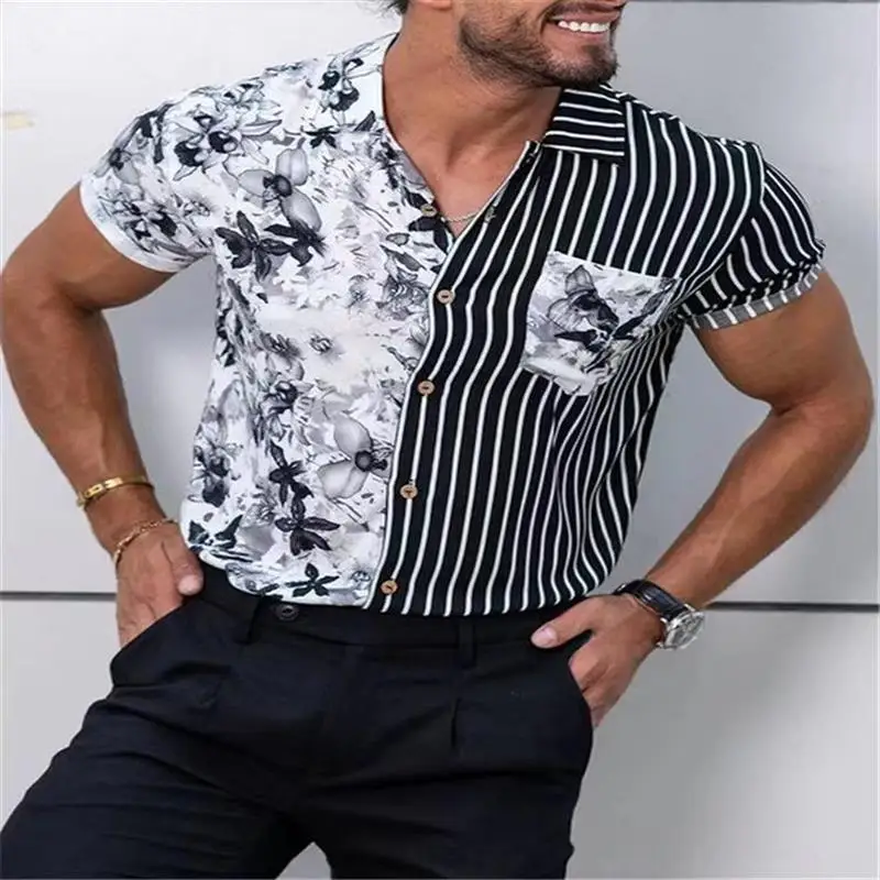 

Summer Faion Striped Patchwork Printed Men's irt ort Sve Casual Cotton Cheered Menswear for Busin And Casual Use