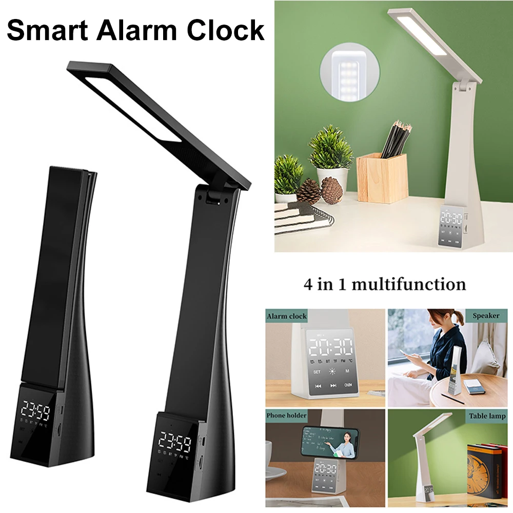 Led Desk Lamp With Bluetooth Speaker Temperature Alarm Clock Dimmable Touch Foldable Table Lamp Reading Light Eye Protection