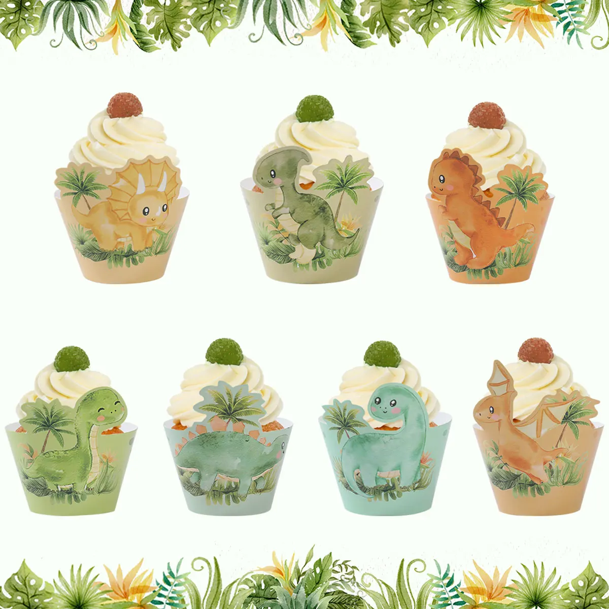 7pcs Dinosaur Cupcake Wrapper Animal Cup Cake Decorating Tools Kids Birthday Party Cake Decoration Baby Shower Supplies